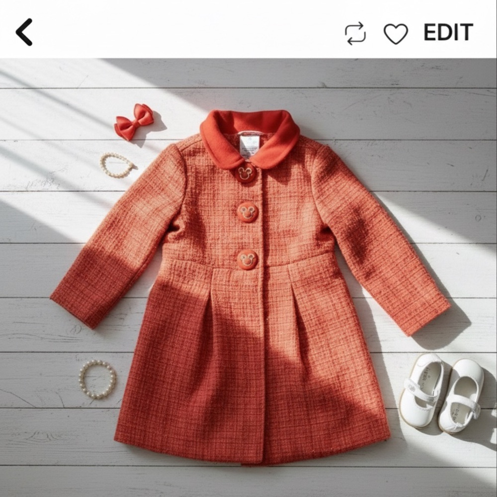 Disney Minnie Mouse Girls Coral Tweed Pea Coat w/ Iconic Buttons Size 2T
